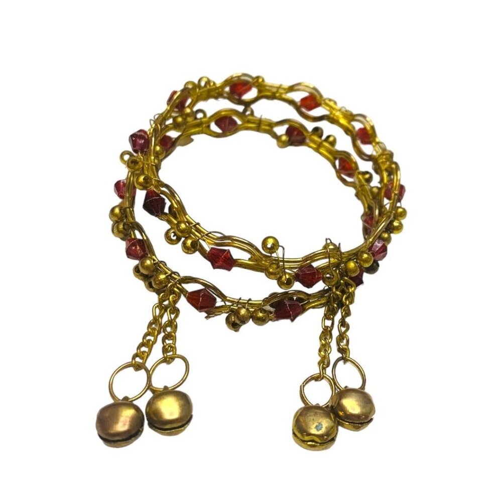 Set of 2 Wire Wrap‎ Bangle Bracelet Goldtone Child Size 2" Inside Diameter Bells